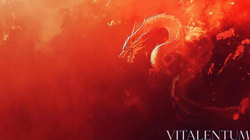 Digital painting of coiling fire dragon in infernal red space.