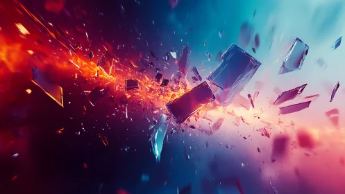 Shattered glass fragments explode through vivid energy field