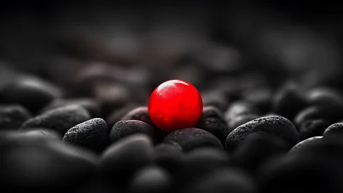 Photorealistic macro of red sphere amid dark river stones.