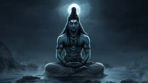 Moonlit meditation of a serene blue divine figure.