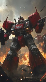 Heavily armored red mecha advances through incendiary battlefield