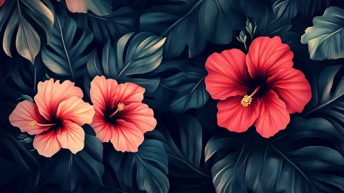Blooming Scarlet Dreams: Tropical Hibiscus Against Shadowed Foliage.