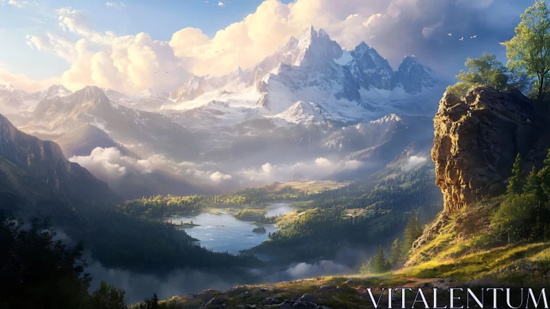 Sweeping alpine valley with volumetric light and atmospheric depth