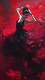 Flamenco dancer rises from swirling crimson shadows.