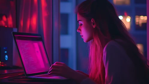 Neon magenta side-lit coder at laptop in night city window