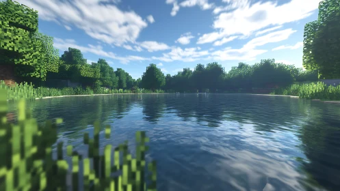 Voxel lakeside panorama with reflective water shaders applied.
