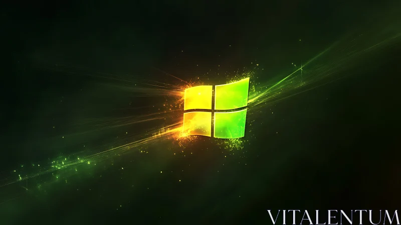 Glowing window emblem radiates neon light on dark space