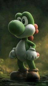 Green dinosaur character stands in textured forest clearing