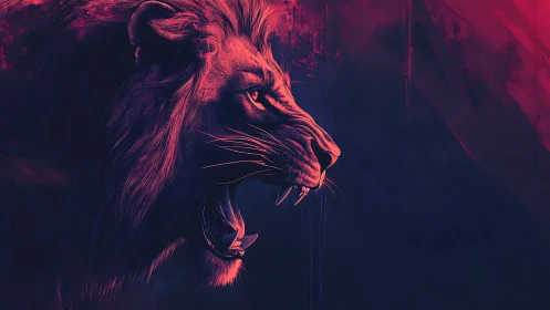 Roaring lion profile in neon pink and deep blue tones.