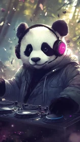 Anthropomorphic panda DJ mixes tracks on deck in misty forest