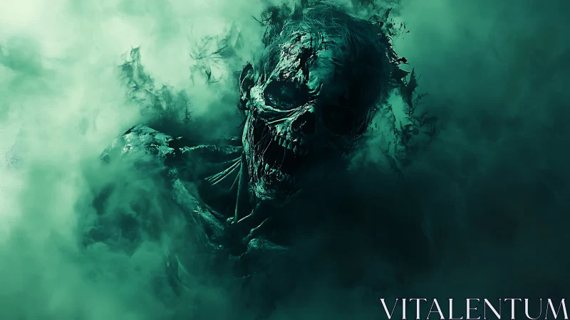 Skeletal figure emerging from dense green atmospheric mist.