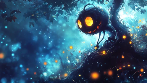 Glowing pumpkin spirit curls atop twisted forest tree