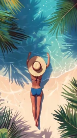 Sunlit shore daydream with a hat, waves, and palm shade.