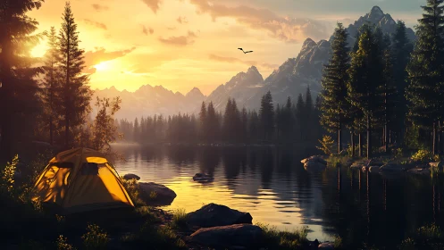 Sunlit tent by mirror lake in hush of golden mountains.
