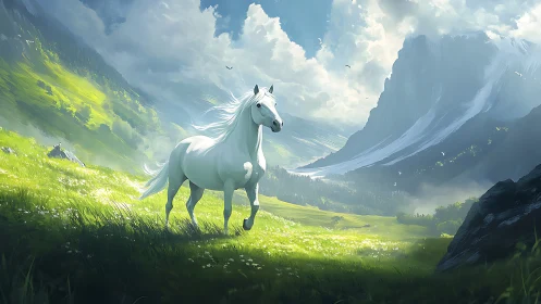 Silver-maned stallion racing through highland daydream meadows.