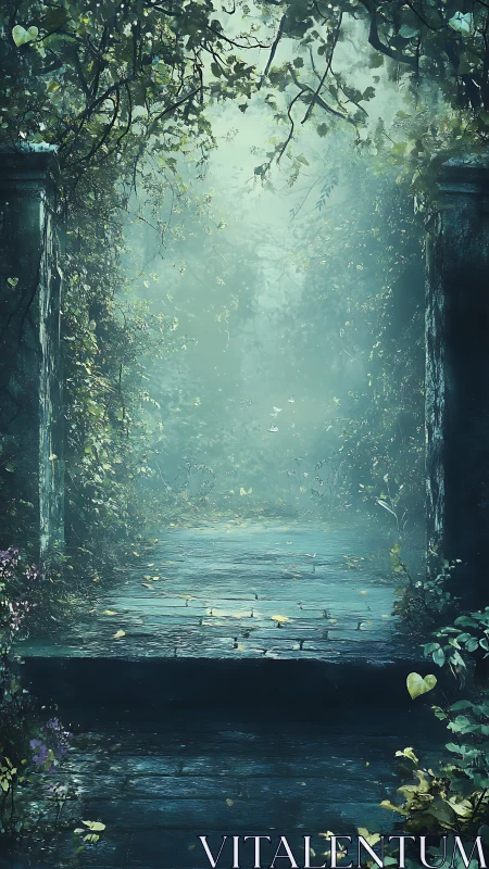 Misty forest passage with overgrown ivy and soft teal light.