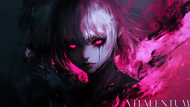 Neon-eyed girl emerging from chaotic magenta darkness.