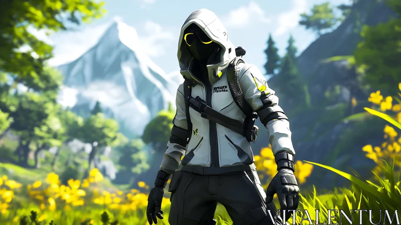 Hooded masked figure in tactical gear in bright valley