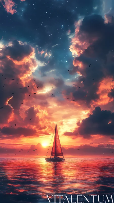 Sailboat moves across reflective sea under vivid sunset sky