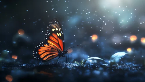 Monarch butterfly macro on dewy ground in bokeh night glow