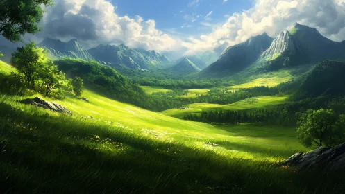 Sunlit valley with distant jagged mountains under clouds.