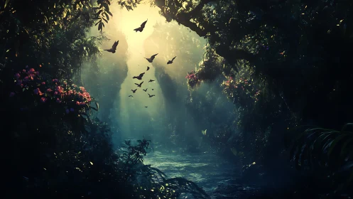 Mystic river gorge with luminous jungle canopy and bats.