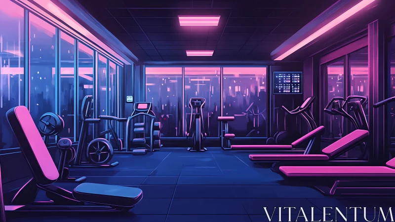 Neon-lit panoramic gym interior with futuristic training systems.