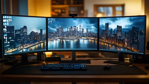 Triple monitor cityscape workstation in warm studio light.