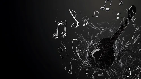 Glossy black guitar generates liquid-like musical notes in motion