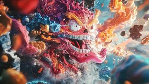 Explosive cosmic skull entity rendered in hyperchromatic 3D motion