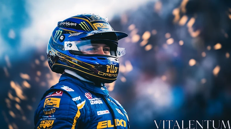 Racing driver portrait under dynamic bokeh sparks in motion