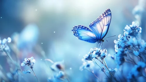 Blue butterfly on small flowers in shallow depth of field.