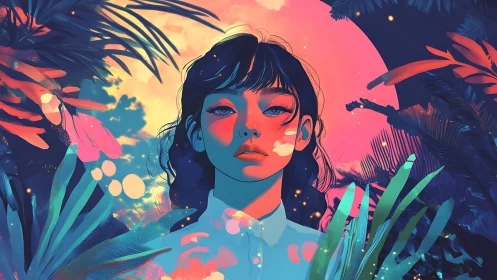 Neon jungle portrait under radiant pink celestial moon.