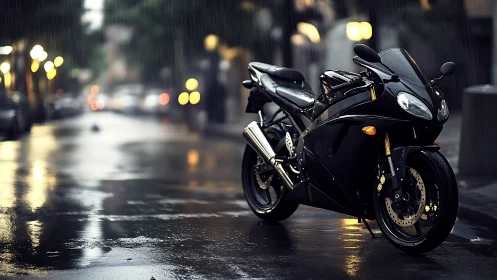 Sleek black motorcycle resting on a glowing rainy street.