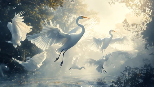 White egrets in misted woodland wetland at daybreak.