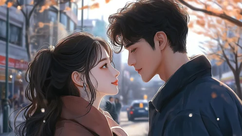 Two figures positioned at close proximity on urban street setting