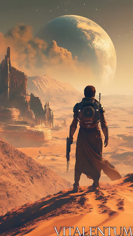 Exoplanetary desert sentry surveying stratified canyon megacity.