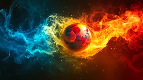 Soccer ball splits blue and orange fire trails in motion