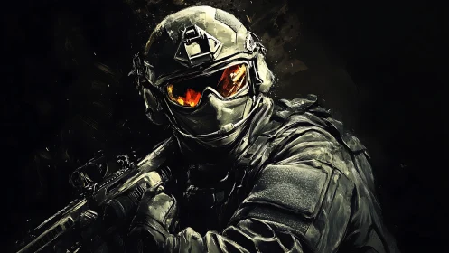 Armored soldier poised in glowing visor and shadowed light.