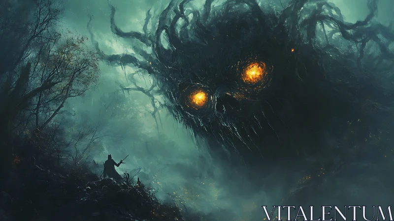 Swordbearer confronts colossal fiery eyed forest nightmare.