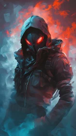 Hooded gas‑mask sentinel framed by bifurcated fire and vapor fields
