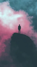 Silhouetted figure on cliff amid cyan and magenta storm clouds