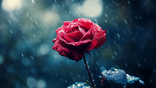 Single red rose stands in rainfall with dark blurred background