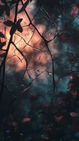 Fractured twilight threads weave through ember-tinted leaves