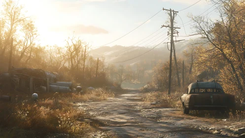 Post-apocalyptic rural road rendered in warm volumetric light