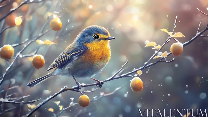 Vibrant Blue and Yellow Songbird on Frosty Branch, Soft Artistic Style.
