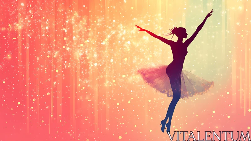 Silhouetted ballerina leaping through radiant pastel light field.