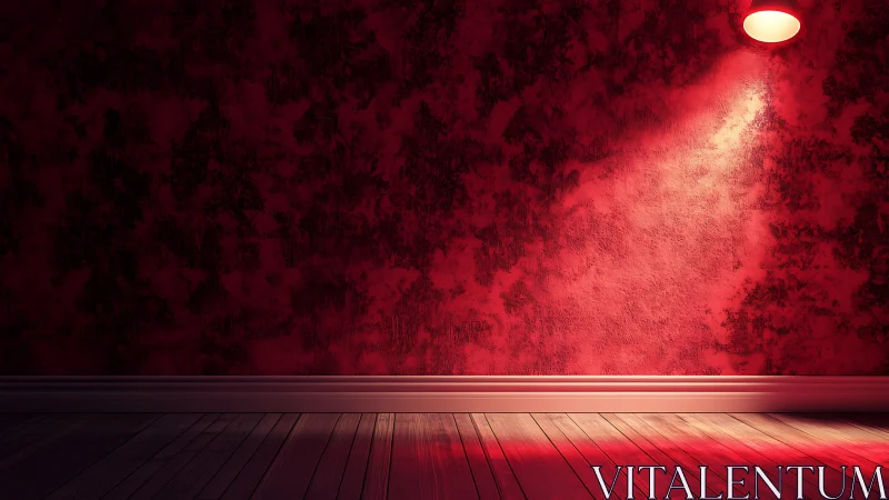 Crimson corner glow with wood floor and quiet spotlight.