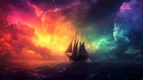 Tall ship drifting through a storm of prismatic twilight skies.