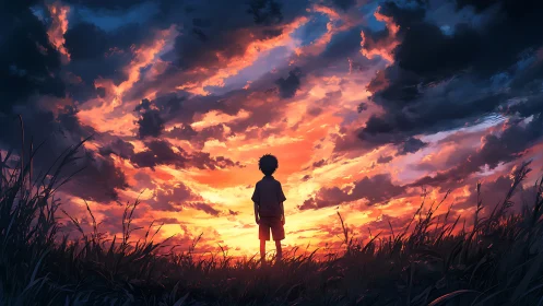 Silhouetted child studies a dramatic anime-style sunset sky